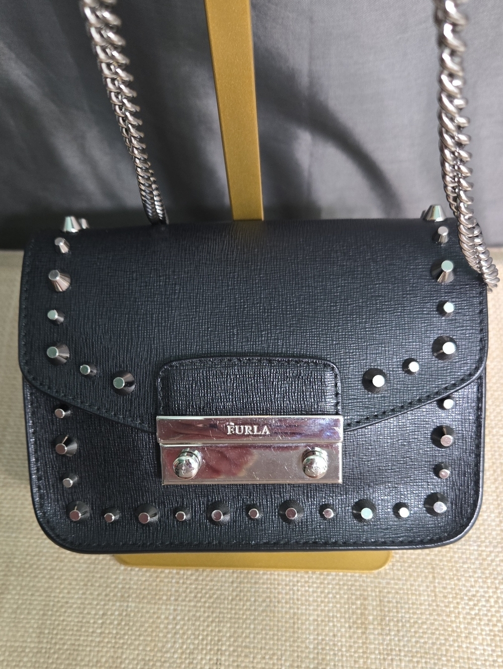 Furla Black Studded Mini Crossbody with Silver Hardware